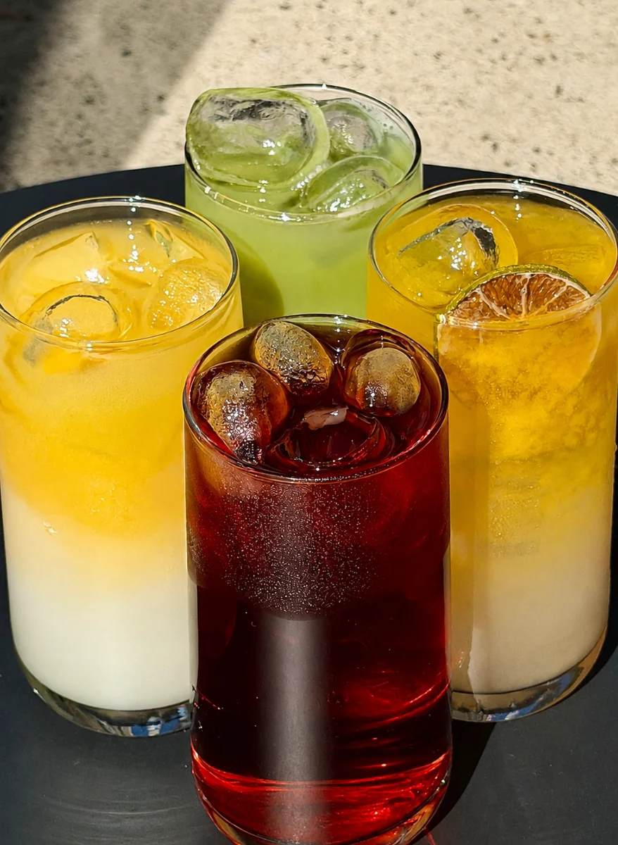 strawberry, mango & blueberry, layered drinks over ice