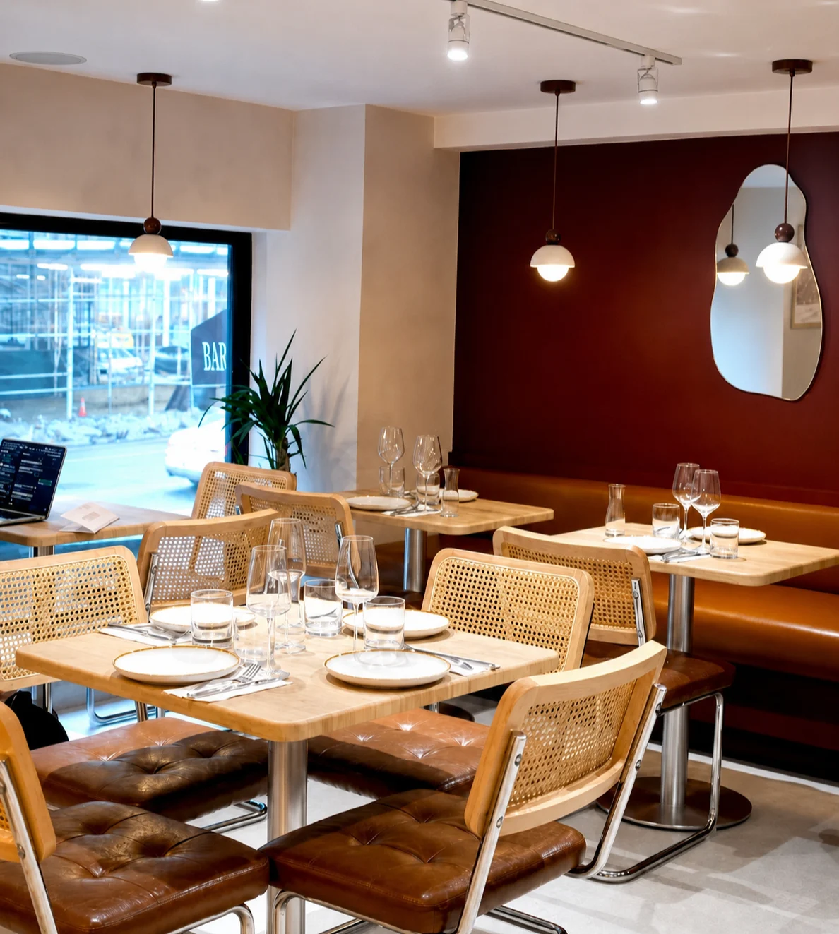 Tables set with wine glasses beneath pendant lights